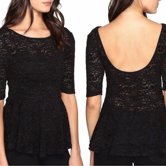 Free People Tops - Free People Black Lace Stretch Top Size Medium Peplum Romantic Boho Feminine